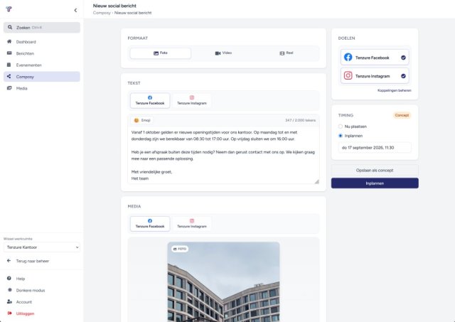 Composy: social bericht inplannen in het dashboard