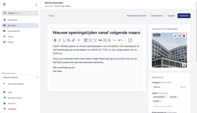 Tenzure Studio: bericht aanmaken in het dashboard