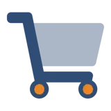 Een blauwe winkelwagen met oranje wielen, ter verbeelding van onze webwinkels
